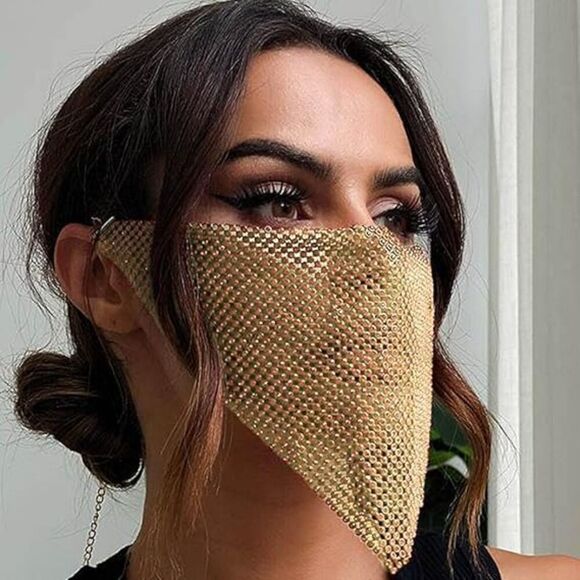 Women's Sparkly Crystal Face Mask Bling Rhinestone Mask Nightclub Mouth Covered - Picture 4 of 7